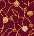 Seamless Golden Chains, Luxury Precious on Dark Red background.