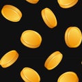 Seamless Golden Coins Pattern on Black Background. Vector
