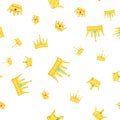 Seamless golden crown pattern with gems white background