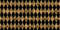 Seamless Golden Diamond Harlequin Checker Pattern. Vintage Abstract Gold Plated Relief Sculpture On Black Background