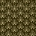 Seamless golden floral Art Deco Art Nouveau pattern with Geometric overlapping decorative leaves arc or shell texture. Retro