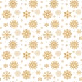 Seamless golden frosty snowflakes on an isolated white background.