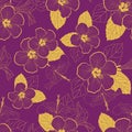 Seamless golden hibiscus pattern on purple background Royalty Free Stock Photo
