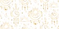 Seamless golden moon esoteric pattern. Contour space sacred decoration. Vector magic texture with stars, crescent and sun