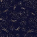 Seamless pattern lotus flower and dragonfly Royalty Free Stock Photo