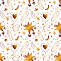 Seamless golden pattern with stars and crystals. Intense gold pattern with magical celestial elements