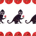 Seamless gouache black frida monkey pattern with red flowers