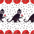 Seamless gouache black frida monkey pattern with red flowers