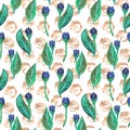 Seamless gouache pattern of blue flowers and leaves with golden elements