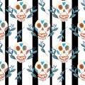 Seamless gouache pattern of mexican skulls and blue flowers black and white background