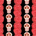 Seamless gouache pattern of mexican skulls and large red flowers black background