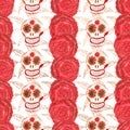 Seamless gouache pattern of mexican skulls and large red flowers with golden leaves