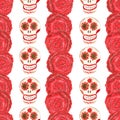 Seamless gouache pattern of mexican skulls and large red flowers