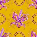 Seamless graphic, orchid flowers on yellow background,vector illustration beautiful circle