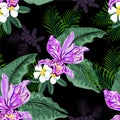 Seamless graphic, orchid and plumeria flowers on black background,vector illustration