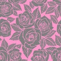 seamless gray asymmetric pattern of rose contours on a pink background