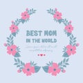 Seamless gray background, with ornate leaf and flower frame, for best mom in the world greeting card template design. Vector Royalty Free Stock Photo