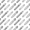 Seamless grayscale pattern with pens, brushes and pencils