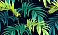 Seamless greeen hand drawn tropical vector pattern with palm leaves on dark background. Royalty Free Stock Photo