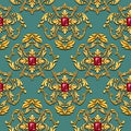 Seamless green baroque pattern with ruby gems