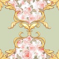 Seamless green baroque pattern with roses and golden scrolls