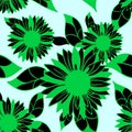seamless green-black pattern of decorative sunflowers on a light background