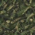 Seamless green camouflage pattern with paint brush strokes, blots, halftone, spatters Dense random chaotic composition.