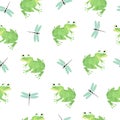 Seamless green frog pattern. Vector watercolor illustration with frogs and dragonflies