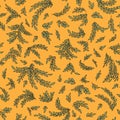 Seamless green leaf pattern on yellow, natural plant vector background for textile design Royalty Free Stock Photo