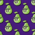 Seamless green pear pattern cartoon character with glasses smile on purple background. Vector image