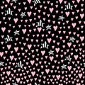 Seamless greeting pattern with cartoon hearts, stars on a neutral dark background. St. Valentine`s Day. romantic holiday theme.