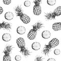 The seamless grey monochrome pattern of fresh fruit pineapple.