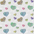 Seamless grey pattern with ornate hearts on ornamental background with arabian ornament