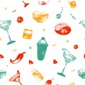 Seamless grunge cocktail party pattern vector design with glasses, shakers, lemon. Colorful alcohol Doodle Engraving Royalty Free Stock Photo