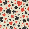 Seamless grunge pattern with card suits - hearts, clubs, spades and diamonds