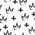 Seamless grunge pattern with crowns and crosses painted by brush.