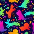 Seamless grunge pattern with cute dogs in vector. Modern neon background with funny puppies and hearts.