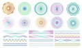 Seamless guilloche patterns. Spirograph geometric radial shapes and border lines dividers decorative art vector set