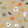 Seamless halloween background with ghosts, pumpkin, spider web and autumn leaves, in light brown, vector