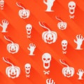 Seamless Halloween background. Light flat icons with long shadows on an orange background.