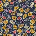 Seamless Halloween flat design. Design for wrapping paper, paper packaging, textiles, holiday party invitations, greeting card.