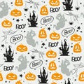Seamless Halloween pattern with castle, pumpkin heads, ghost silhouettes, stars, isolated on  white background. Royalty Free Stock Photo