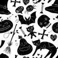 Seamless halloween pattern with cat, teddy bear, pumpkin, candy, bones, skull, heart, hat and broom in cartoon style drawing silh