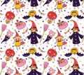 Seamless halloween pattern with children in costumes. Witch and pumpkin background.