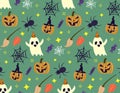 Pattern seamless halloween. Creative vector background with spider,cobweb, witch hat,broom, ghost,pumpkin.Design pattern