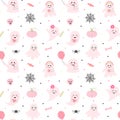 Seamless halloween pattern with cute pink ghosts, web, pumpkin, spider Royalty Free Stock Photo