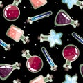 Seamless halloween pattern with a different cartoon potion bott Royalty Free Stock Photo