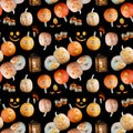 Seamless Halloween pattern, different pumpkins with toothy smiles on black background Royalty Free Stock Photo