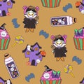 Seamless Halloween pattern. digital clipart illustration of Halloween party.witch,monster, ghost, bat, black cat and pumpkin. Royalty Free Stock Photo