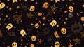 seamless halloween pattern with ghosts bats and skulls on black background Royalty Free Stock Photo